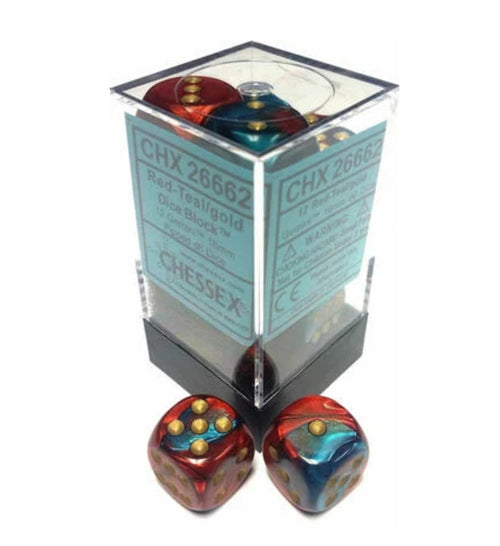 Chessex Dice: Gemini 16mm D6 Red/Teal/Gold (12)